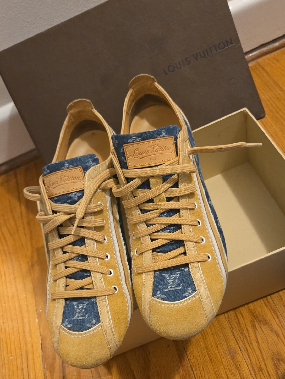 Louis Vuitton Men’s Tan Suede & Blue Denim Low-Top Sneakers
